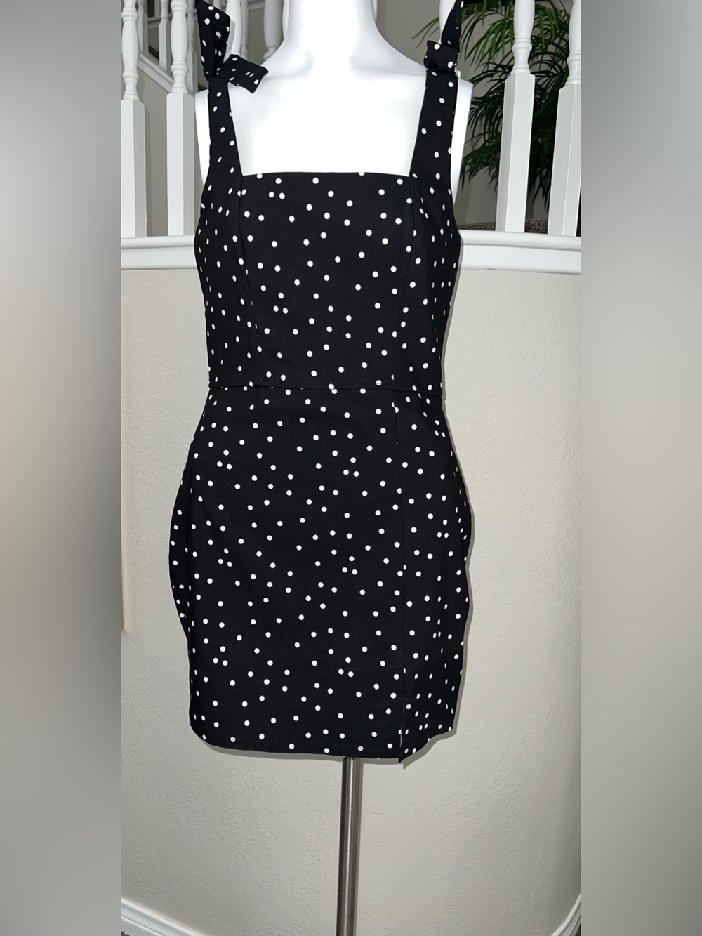 Stretchy Denim Style Material Black and White Polka Dot Tie-Shoulder Mini Dress